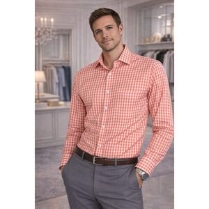 BROOKS BROTHERS Men's Dress Shirt 16 2/3 Slim Fit All Cotton Orange Check Plaid